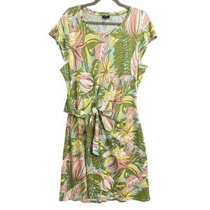 Talbots Tropical Botanical Faux Wrap Dress Tie Waist Short Sleeve XL Resortwear